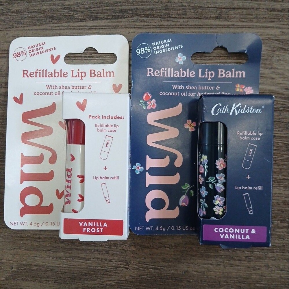 Lot of 2 Wild Refillable Lip Balm Cases & Refills Cath Kidston Hearts NIB